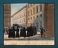 Monks carrying a corpse in a religious funeral procession, passers-by pay respect. Coloured aquatint.