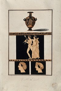 Above, red-figured Greek water jar (hydria); centre, detail of decoration showing one man playing the flute and another following him during what seems to be a bacchanalia; below, two heads in profile: one male, one female . Watercolour by A. Dahlsteen, 176- .