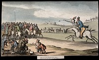 The dance of death: the horse race. Coloured aquatint after T. Rowlandson, 1816.