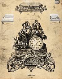 Clocks: an elaborately-cased mantel clock, with the figure of a dairymaid, and various bases (above). Coloured lithograph, [c.1875].