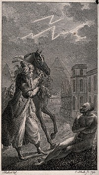 A man in oriental clothing is leading a horse which is shying away from a semi-naked man who is sitting by the side of the road. Etching by C. Schule after J.D.Schubert.