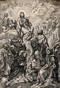 Saint Mary (the Blessed Virgin) in glory with Saint Clare, Saint Philip Neri, Saint Charles Borromeo, Saint Francis of Assisi, Saint Peter the Apostle and Saint Louis Bertrand, angels and other saints. Etching by P. Aquila, 1671 , after C. Maratta.