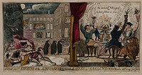 Celebrations of Wellington's victory at the battle of Salamanca: Sir Francis Burdett's house is attacked, a funeral procession of Whigs passes by, and a toast is drunk to Wellington by England, Ireland, Scotland and Wales. Coloured etching by W.H. Brooke, 1812.