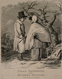 Isaac Taverner and Mother Newton conversing next to an old tree. Engraving by W.J. White, 1819, after himself.