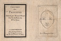 Frontispiece to Le Brun's 'Passions' (left) and a face expressing tranquillity (right). Etching by B. Picart, 1698, after C. Le Brun.