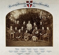 Cambridge University: the Natural Science Club; surmounted by the University crest. Photograph, 1885.