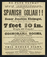 Ne plus ultra!! : now exhibiting : the Spanish Goliah, the celebrated Senor Joachim Eleizegui, from the Basque provinces of Spain ; twenty-three years of age - stands 7 feet 10 in. weighs 450 pounds!.
