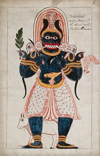 A Sinhalese four armed devil called Calloo Coomare, wearing a headdress of snakes and holding a cockeral, twig with leaves, sword and a small club in his hands. Gouache painting by a Sri Lankan artist.
