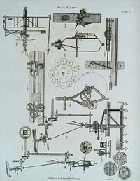 Rope-making: details of various parts of a rope-making machine. Engraving by G. Daws.