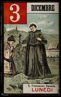 Saint Francis Xavier holding a crucifix, Japanese converts kneeling in front of him; a church and an altar in the background. Colour lithograph, ca. 1898.