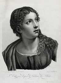 Saint Catherine. Stipple engraving by N. Bertrand after E. Bourgeois after Titian.