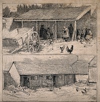 Two scenes of farm buildings with workers packing hops. Wood-engraving, c. 1874.