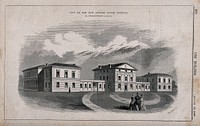 London Fever Hospital, Liverpool Road, Islington: viewed from the north. Wood engraving by C. D. Laing, 1848.