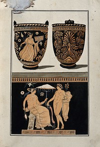 Above, red-figured Greek bowl (situla) decorated with a palm motif and a woman holding a casket; below, detail of the decoration showing a naked man and a seated woman (Aphrodite) holding an umbrella and a mirror. Watercolour by A. Dahlsteen, 176- .