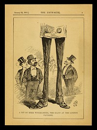 [Page from The Entr'acte for 22 January 1877 showing a cartoon of "A bit of Herr Winkelmeier, the giant at the London Pavilion"].