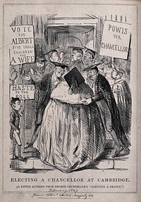 People voting in the election for Chancellor of Cambridge University. Wood engraving, 1847.