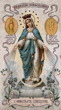 Saint Mary (the Blessed Virgin), in the form in which she appeared to Saint Catherine Labouré in Paris in 1830. Colour lithograph, 1898.
