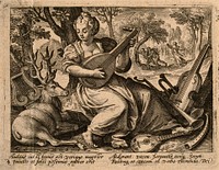 A woman plays music to a stag; God condemns Adam and Eve to exile; representing the sense of hearing. Engraving by N. de Bruyn after M. de Vos.