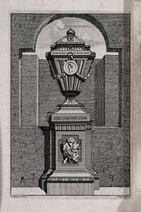 An ornate vase and pedestal with a man fighting lion carved on the base. Etching by J. Schynvoet, c. 1701, after S. Schynvoet.