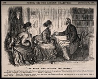 Two female patients taking advantage of a young inexperienced doctor's desire to please by taking up too much of his time. Wood engraving by G. Du Maurier, 1875.
