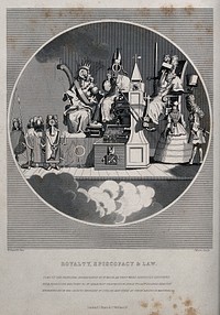 King George I representing royalty, a bishop representing episcopacy; and a judge representing law, all as seen through a telescope as inhabitants of the moon. Engraving by J. Moore, 18-- after W. Hogarth, 1724.
