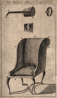 A chair designed for use by the deaf, incorporating a hearing device. Engraving with etching, 1770/1830.