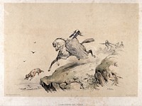 A runaway horse approaches the edge of a cliff while the young woman rider pulls desperately on its reins. Coloured lithograph by V.J. Adam after himself, ca. 1850.