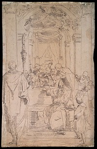 Christ being circumcised in a crowded temple; God is visible with the angels in the sky heralding the start of the Passion. Etching by BM, 1793, after Titian .