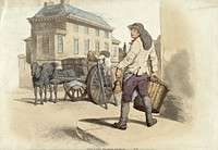 A dust cart with a refuse collector (dustman) ringing a bell to collect household rubbish. Coloured aquatint by W.H. Pyne, 1805.