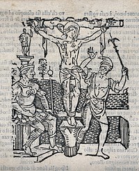 The crucifixion of a saint. Woodcut.