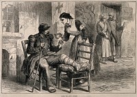 Crimean War: recuperating soldiers being nursed. Wood engraving by L. Huard.