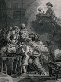 A dying man receiving extreme unction from a priest while surrounded by his grieving family. Line engraving with etching by N.F.J. Masquelier and A.J. Dubois Drahonet after J.B. Jouvenet.