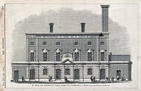 Public baths and wash-houses for the adjacent parishes of Saint Giles-in-the-Fields and St George Bloomsbury, London: elevation. Wood engraving, 1853.