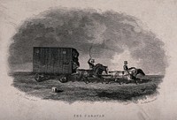 Two men are driving four horses past a milestone to pull a caravan carrying a passenger. Engraving by E. Hacker after A.D. Cooper.