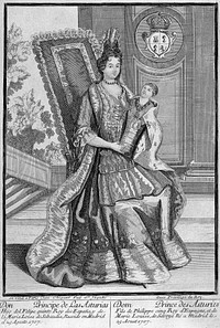 The new born son of Philip V of Spain being held by his mother Marie Louise of Savoy, born Madrid 25 August 1707. Engraving, 1707.