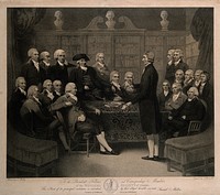 The Medical Society of London: John Coakley Lettsom presenting to the society the deeds of 3 Bolt Court, City of London. Stipple engraving by N.C. Branwhite, 1801, after S. Medley, 1800.