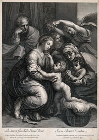 Saint Mary (the Blessed Virgin) and Saint Joseph with the Christ Child, Saint John the Baptist and Saint Elizabeth. Engraving by J. Frey after G. Edelinck after Raphael.