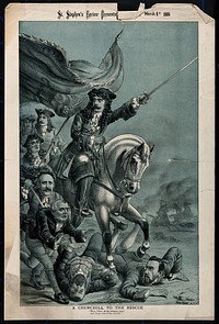Lord Randolph Churchill, on horseback as a Cavalier general, is leading an army of supporters and stamping on two opponents with his horse; representing Churchill's opposition to Home Rule for Ireland. Colour lithograph by Tom Merry, 6 March 1886.