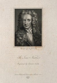 Sir Isaac Newton. Line engraving by E. Smith, 1821, after Sir G. Kneller, 1702.