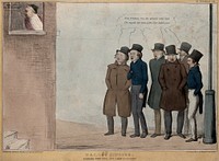 Liberal and radical politicians as ballad singers (Thomas Wakley, Charles Buller, D. W. Harvey, Joseph Hume, Lord Brougham and J.A. Roebuck) sing a song sympathetic to Canadian rebels below the window of John Bull, who proposes to drench them with the contents of the house pail. Coloured lithograph by H.B. (John Doyle), 1838.