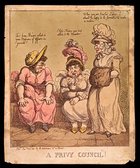 Three women having a discussion in a latrine. Coloured etching, 1801.