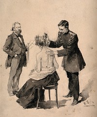 A young physician in military uniform applying an instrument to a woman's neck, while an older man with papers in hand is watching him. Drawing by O. Gerlach.