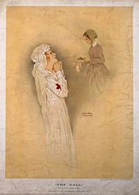 Florence Nightingale: a nurse looking up at a vision of Florence Nightingale as 'the lady of the lamp'. Colour process print after R. Kirchner, 1917.
