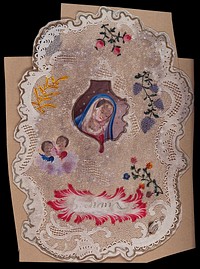 Saint Mary (the Blessed Virgin). Gouache painting with paper cut border.