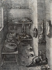 A fox and a weasel trying to leave a well-stocked larder; illustration of a fable by Aesop. Etching.