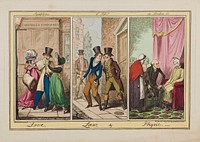 Three London scenes: a man being cajoled by two prostitutes, a young man being accosted by two debt-collectors, and a physician attending a patient. Coloured etching by G. Cruikshank after J. Sheringham, 1821.