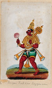 An Indian deity holding a mace and a lotus flower. Gouache painting by an Indian artist.