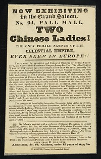 [Leaflet (1827) advertising appearances by "Two Chinese ladies" in elaborate national costume, singing and playing traditional Chinese instruments in the Grand Saloon at 94 Pall Mall, London].