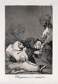 Wizards and witches offering a new-born baby to their master. Etching by F. Goya, 1796/1798.