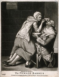A female barber shaving a soldier. Mezzotint after J. Dixon.